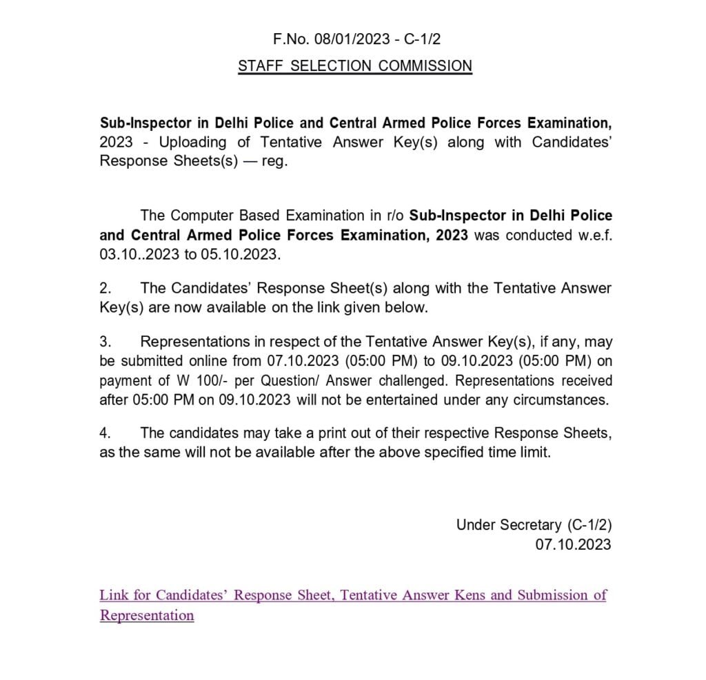 SI in Delhi Police and C.A.P.F. Examination 2023 (Paper- 1), Tentative Answer Key